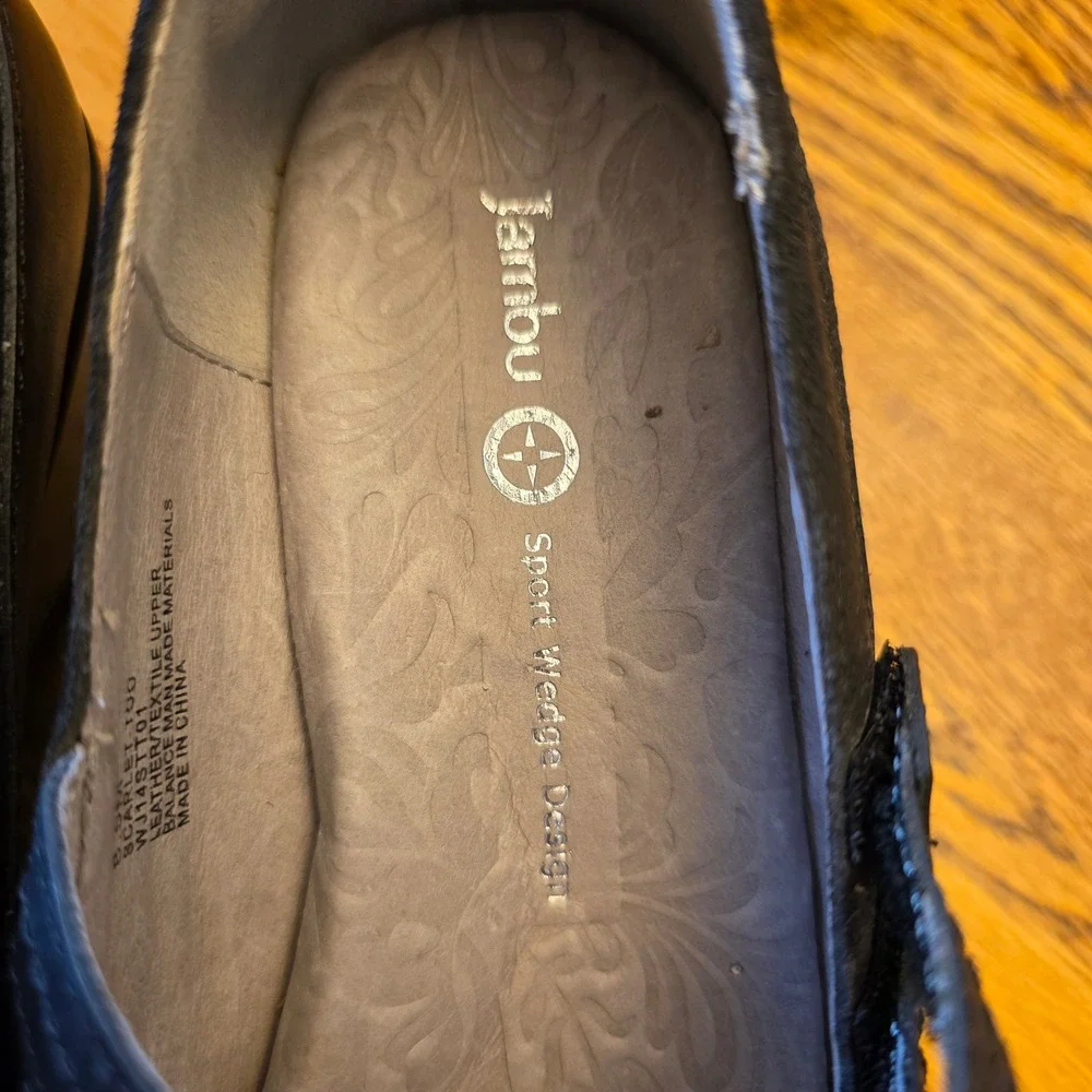 Jambu Scarlet-Too 8.5M Black Leather Suede Wedge Mary Jane Shoes New in Box‎